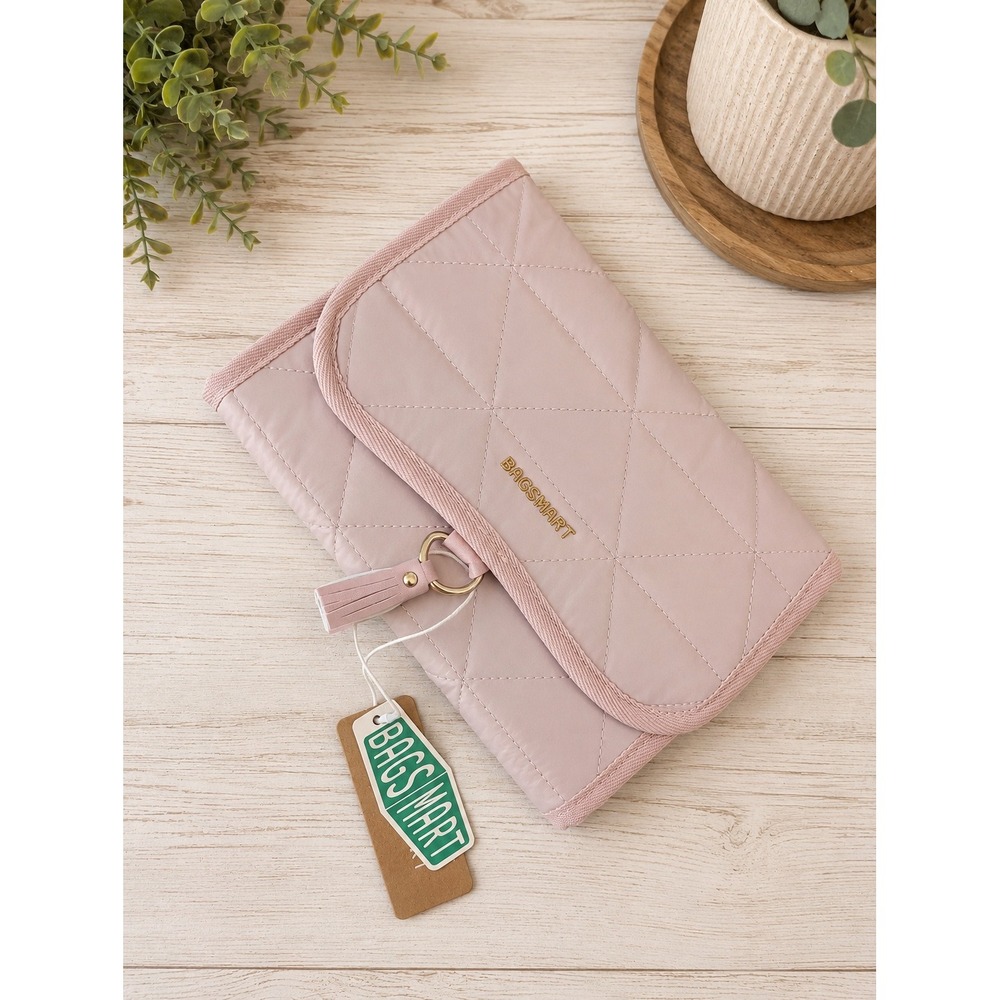 BAGSMART Jewelry Organizer Case Women Small Pink Quilted Travel Roll Up